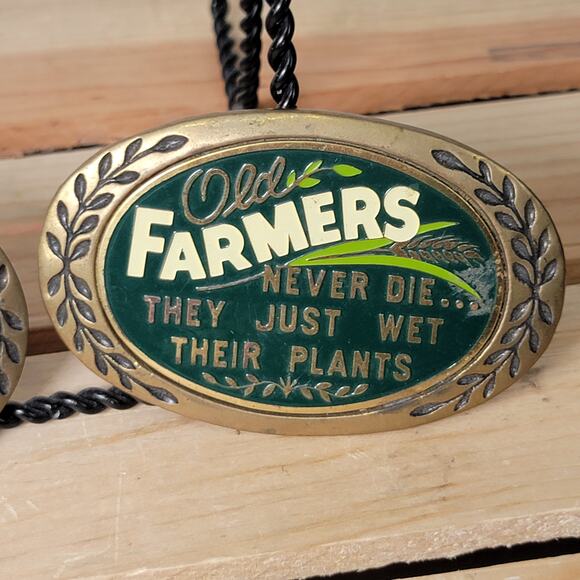 Set of 2 VINTAGE Humorous Brass Belt Buckles: Old Farmers & Old Gardners (1980)
